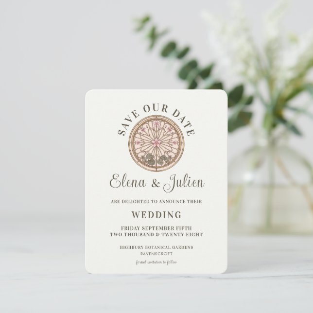 Botanical Stained Glass Wedding Save The Date (Standing Front)