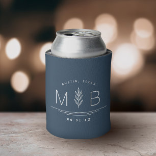 Botanical Stem Wedding Monogram   Lake Blue Can Cooler