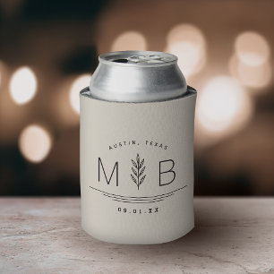 Botanical Stem Wedding Monogram Light Beige Can Cooler