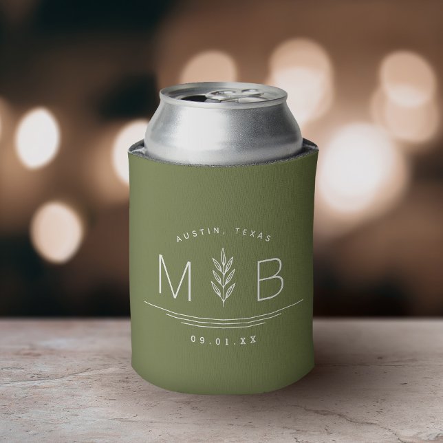Botanical Stem Wedding Monogram | Olive Green Can Cooler (Creator Uploaded)