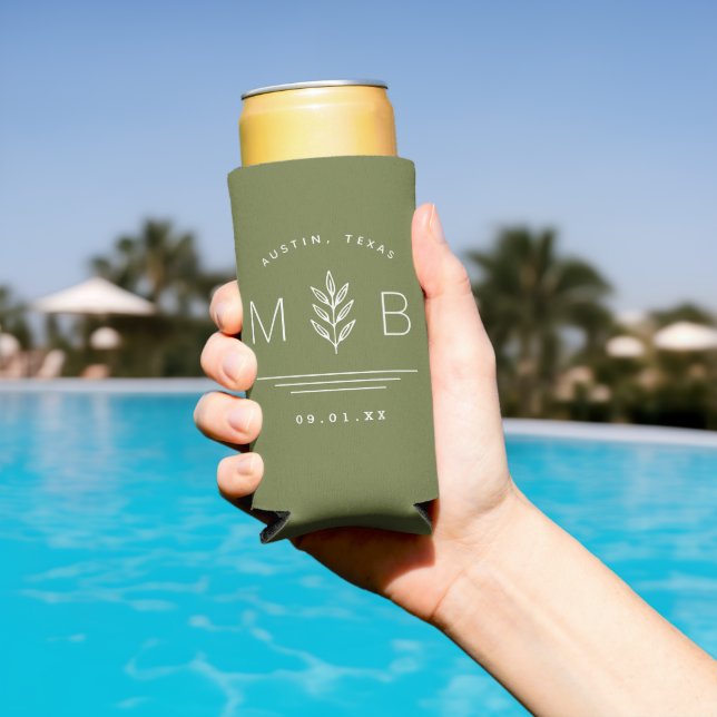 Botanical Stem Wedding Monogram | Olive Green Seltzer Can Cooler (In Situ Pool)