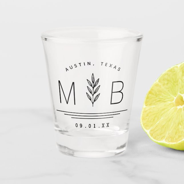 Botanical Stem Wedding Monogram Shot Glass (Front)