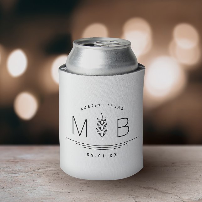 Botanical Stem Wedding Monogram | White Can Cooler (Creator Uploaded)