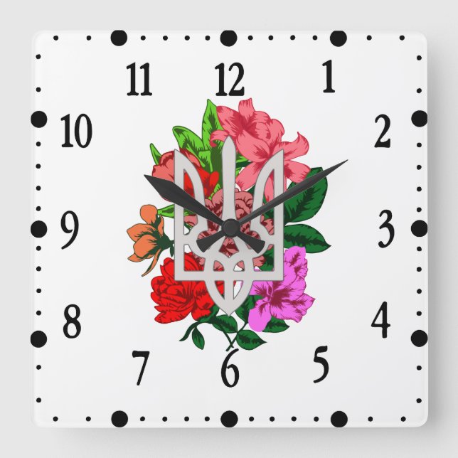 Botanical still and Ukrainian trident tryzub Square Wall Clock (Front)