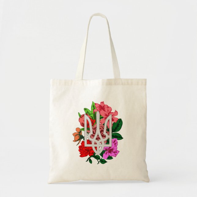 Botanical still and Ukrainian trident tryzub Tote Bag (Front)