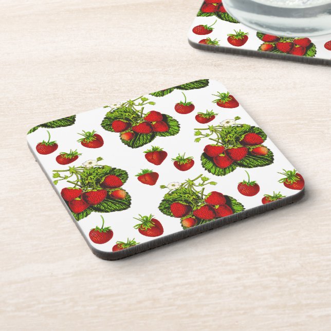 Botanical Strawberry Illustration Print on White  Coaster (Left Side)