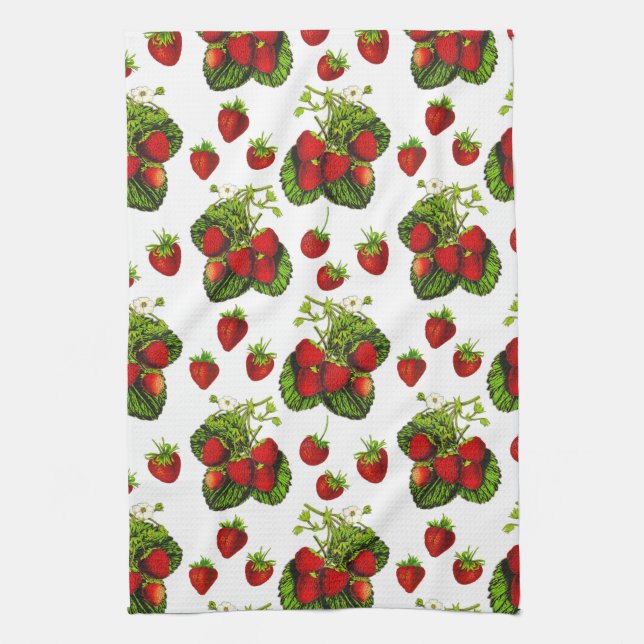 Botanical Strawberry Illustration Print on White  Tea Towel (Vertical)