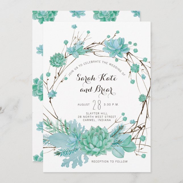 Botanical Succulent Green Wedding Invitation (Front/Back)