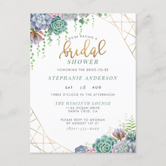 Botanical Succulents & Gold Script Bridal Shower Invitation Postcard
