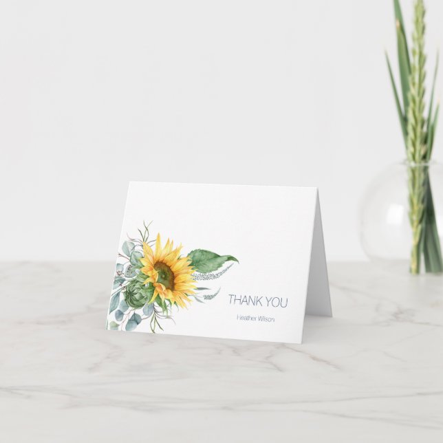 Botanical Sunflower Thank You Folded Note Card (Front)