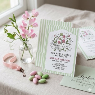 Botanical Sweet Pea Baby Shower Invitation Stripe