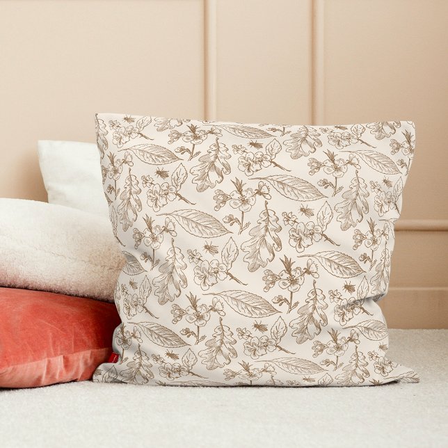 Botanical Taupe Brown Ivory Leaves Floral Pattern Cushion (Creator Uploaded)