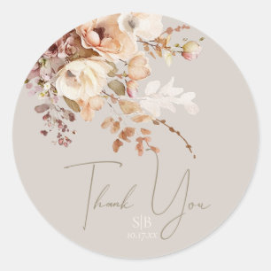 Botanical Taupe Floral Monogram Thank You Favour Classic Round Sticker