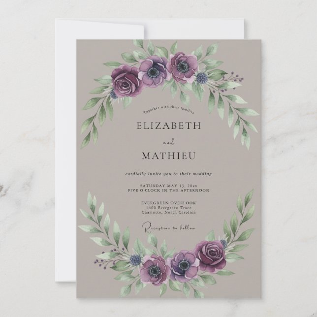 Botanical Taupe Plum Peony Wedding Invitation (Front)