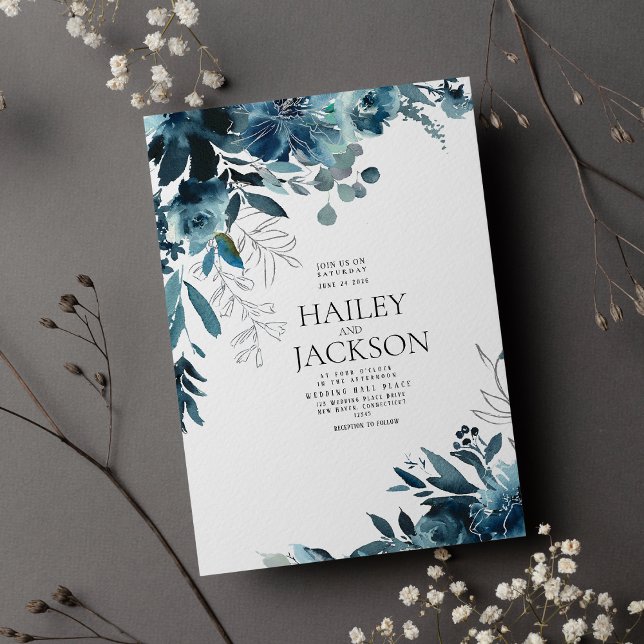 Botanical teal indigo watercolor floral wedding invitation (Botanical teal indigo watercolor floral wedding invitation )