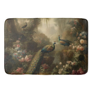 Botanical: three peacocks in English garden  Bath Mat