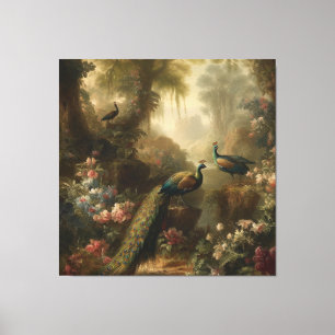 Botanical: three peacocks in English garden Canvas Print