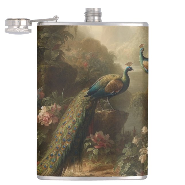 Botanical: three peacocks in English garden  Hip Flask (Opened)