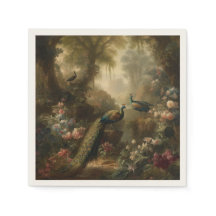 Botanical: three peacocks in English garden 