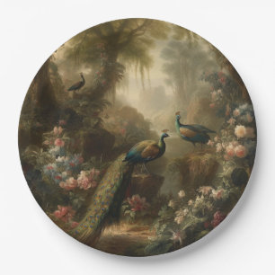 Botanical: three peacocks in English garden  Paper Plate