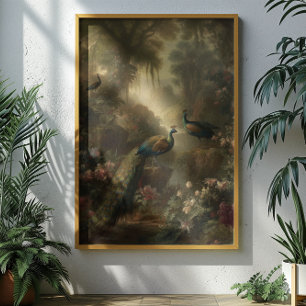 Botanical: three peacocks in English garden Poster