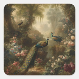 Botanical: three peacocks in English garden Square Sticker