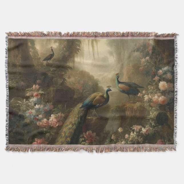 Botanical: three peacocks in English garden  Throw Blanket (Front)
