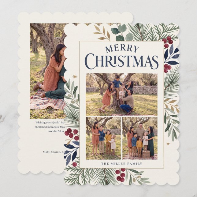 Botanical Three Photo Merry Christmas Card (Front/Back)