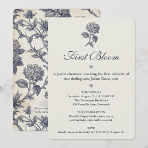 Botanical Toile Hydrangea Sea Holly 1st Birthday Invitation