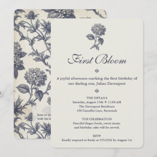 Botanical Toile Hydrangea Sea Holly 1st Birthday Invitation