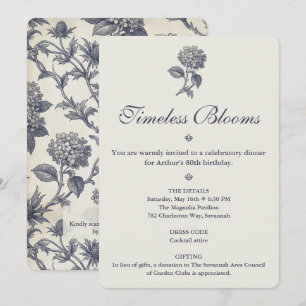 Botanical Toile Hydrangea Sea Holly 80th Birthday Invitation