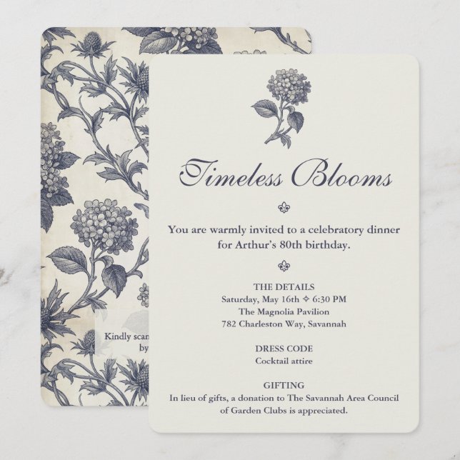 Botanical Toile Hydrangea Sea Holly 80th Birthday Invitation (Front/Back)