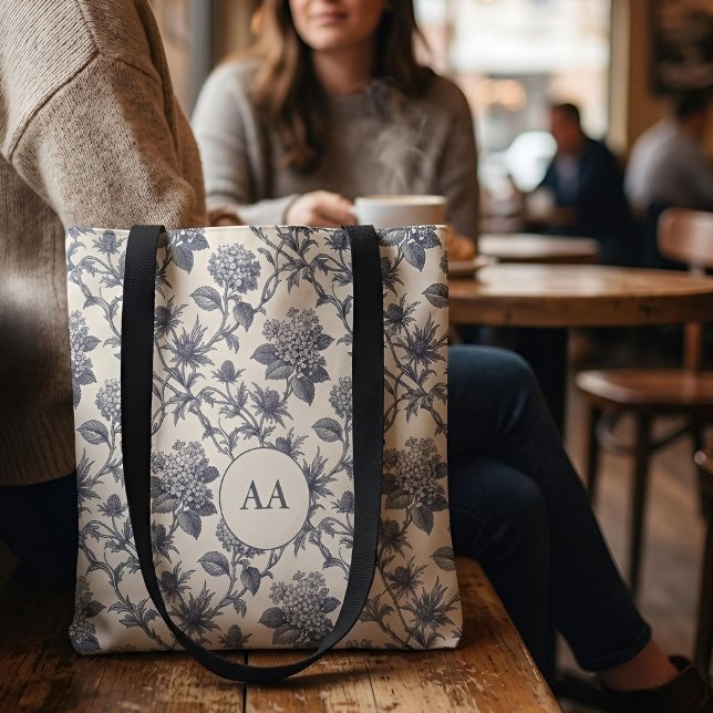 Botanical Toile | Hydrangea & Sea Holly Custom Tote Bag (Lifestyle Shot)