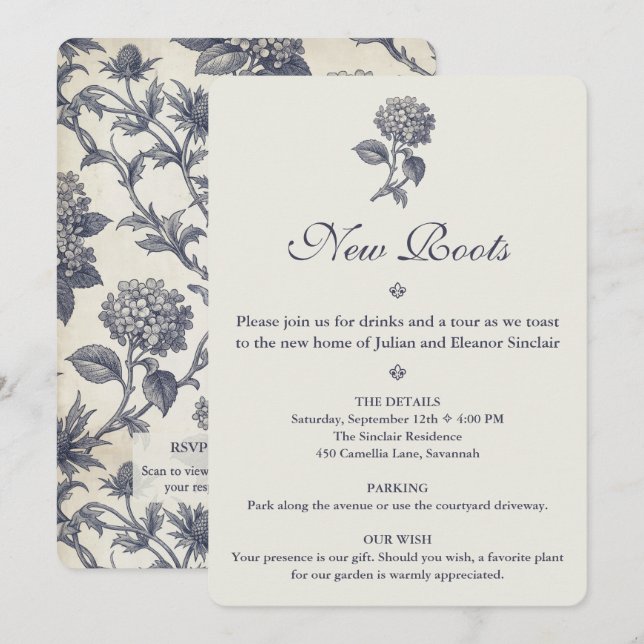 Botanical Toile Hydrangea Sea Holly Housewarming Invitation (Front/Back)