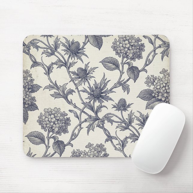 Botanical Toile | Hydrangea & Sea Holly Mouse Pad (With Mouse)