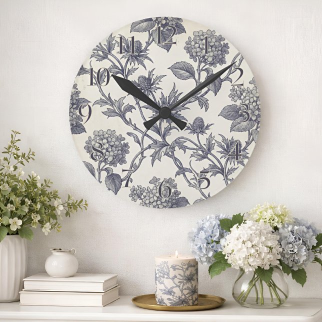 Botanical Toile | Hydrangea & Sea Holly Round Clock (Lifestyle Shot)