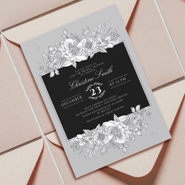 Botanical Trendy Grey Black Line Art Bridal Shower Invitation (Creator Uploaded)