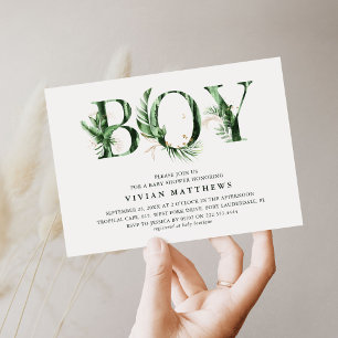 Botanical Tropical Green & Gold BOY Baby Shower Invitation