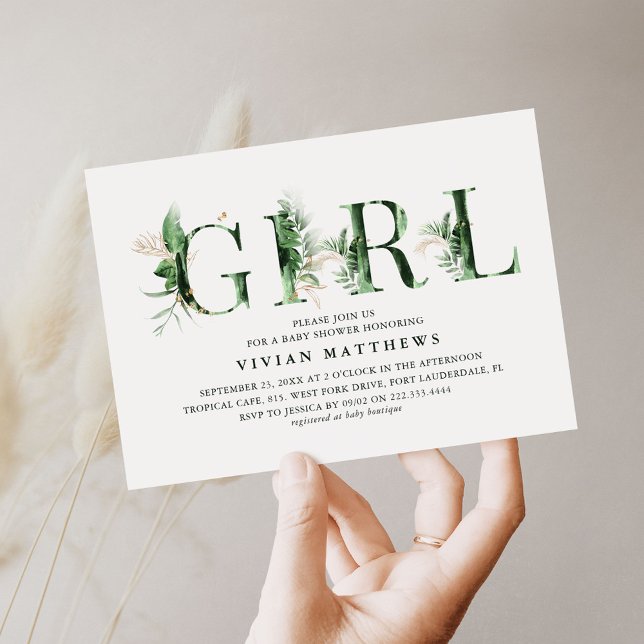 Botanical Tropical Green & Gold GIRL Baby Shower Invitation (Creator Uploaded)