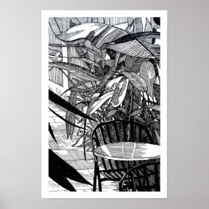 Botanical Tropical Leaves Line Art Drawing Poster