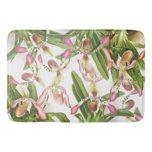 Botanical Tropical Orchid Floral Flowers Bath Mat (Front)