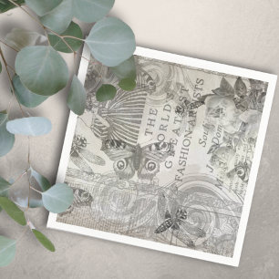  Botanical Vintag Butterfly Script Black and white Napkin
