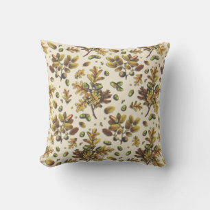 Botanical Vintage Brown Beige Oak Leaves Acorns Cushion