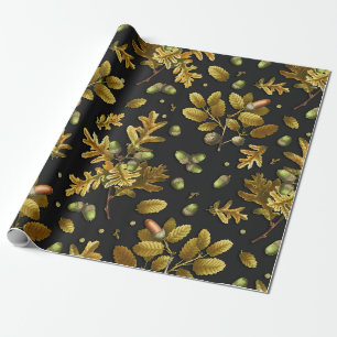 Botanical Vintage Brown Black Oak Leaves Acorns Wrapping Paper