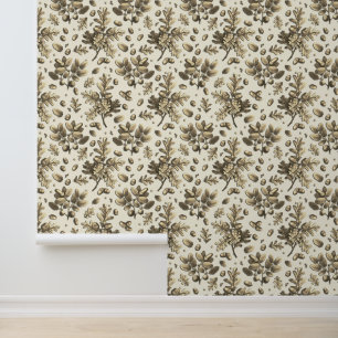 Botanical Vintage Brown Oak Leaves Acorns Beige Wallpaper