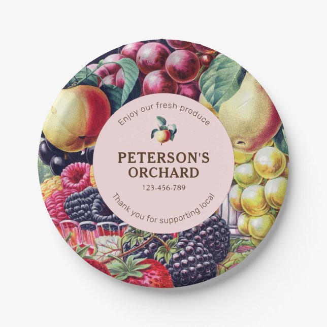Botanical Vintage Fruit Local Farmer Label Paper Plate (Front)