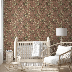 Botanical Vintage Gold Brown Oak Leaves Acorns Wallpaper