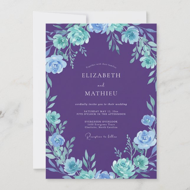 Botanical Violet Cyan Petal Wedding Invitation (Front)