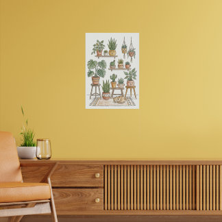 Botanical Wall Art Print with Cat Plant Lover Gift