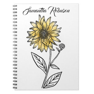Botanical watercolor aesthetic line art sunflower notebook